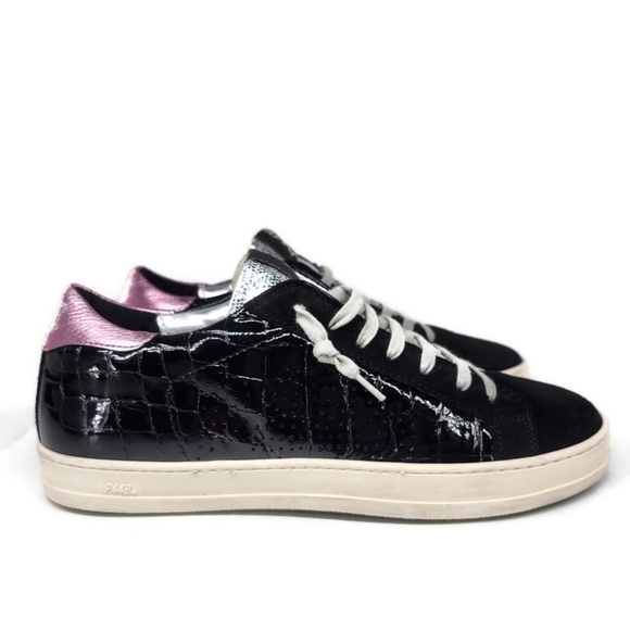 P448 John Black Suede Patent Leather Croc Pattern Pink Heel Pad Lace Up Sneakers - Picture 5 of 16